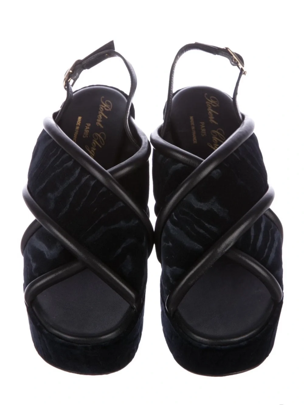 NEW Robert Clergerie Dark Blue Leather Velvet Platform Slingback Sandals